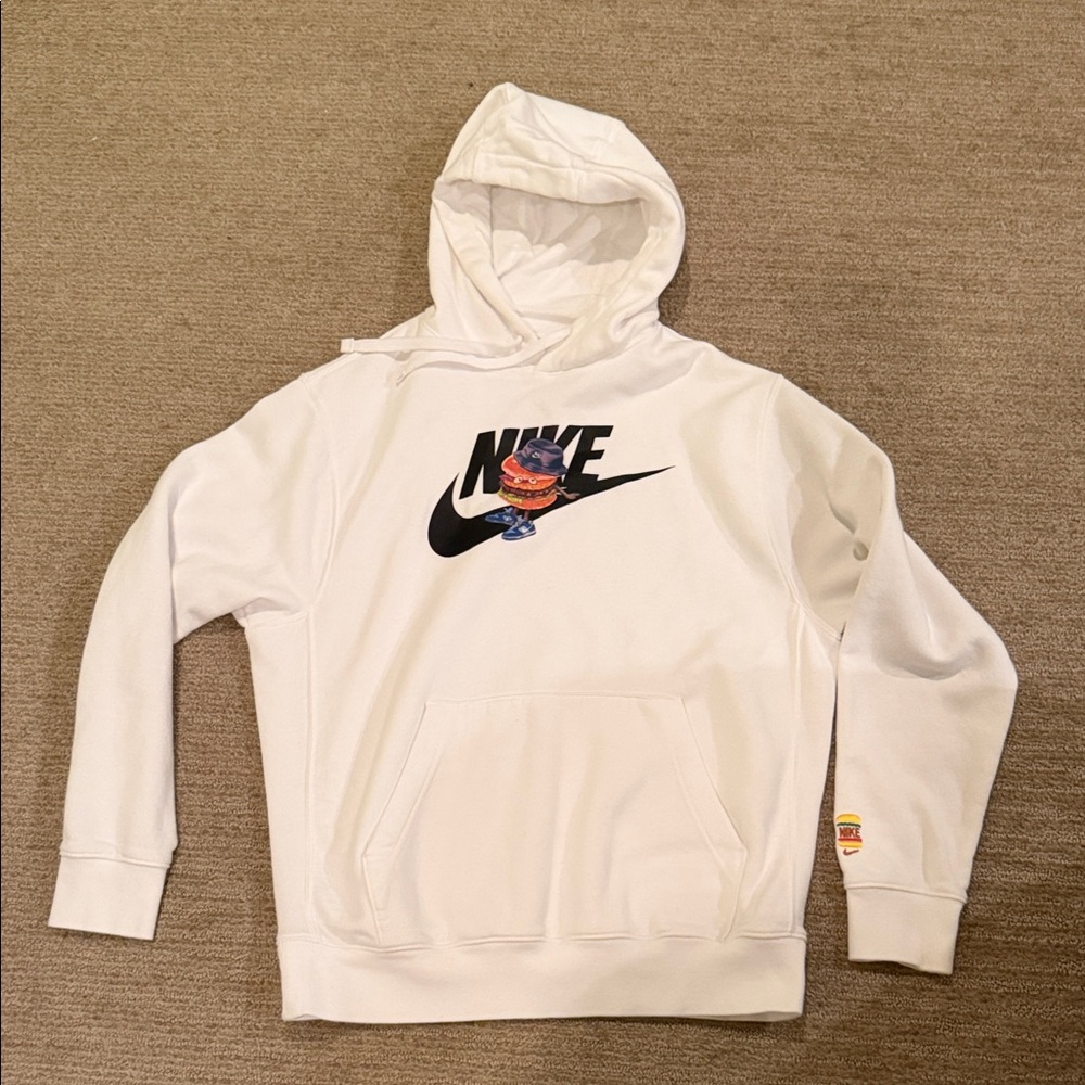 Nike White Hoodie with Black Swoosh and Graphic; men’s size medium